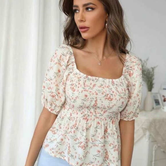 Shein Ditsy Floral Puff-Sleeve Shirred Peplum Top | White & Rust | Size M NWOT - Picture 1 of 4